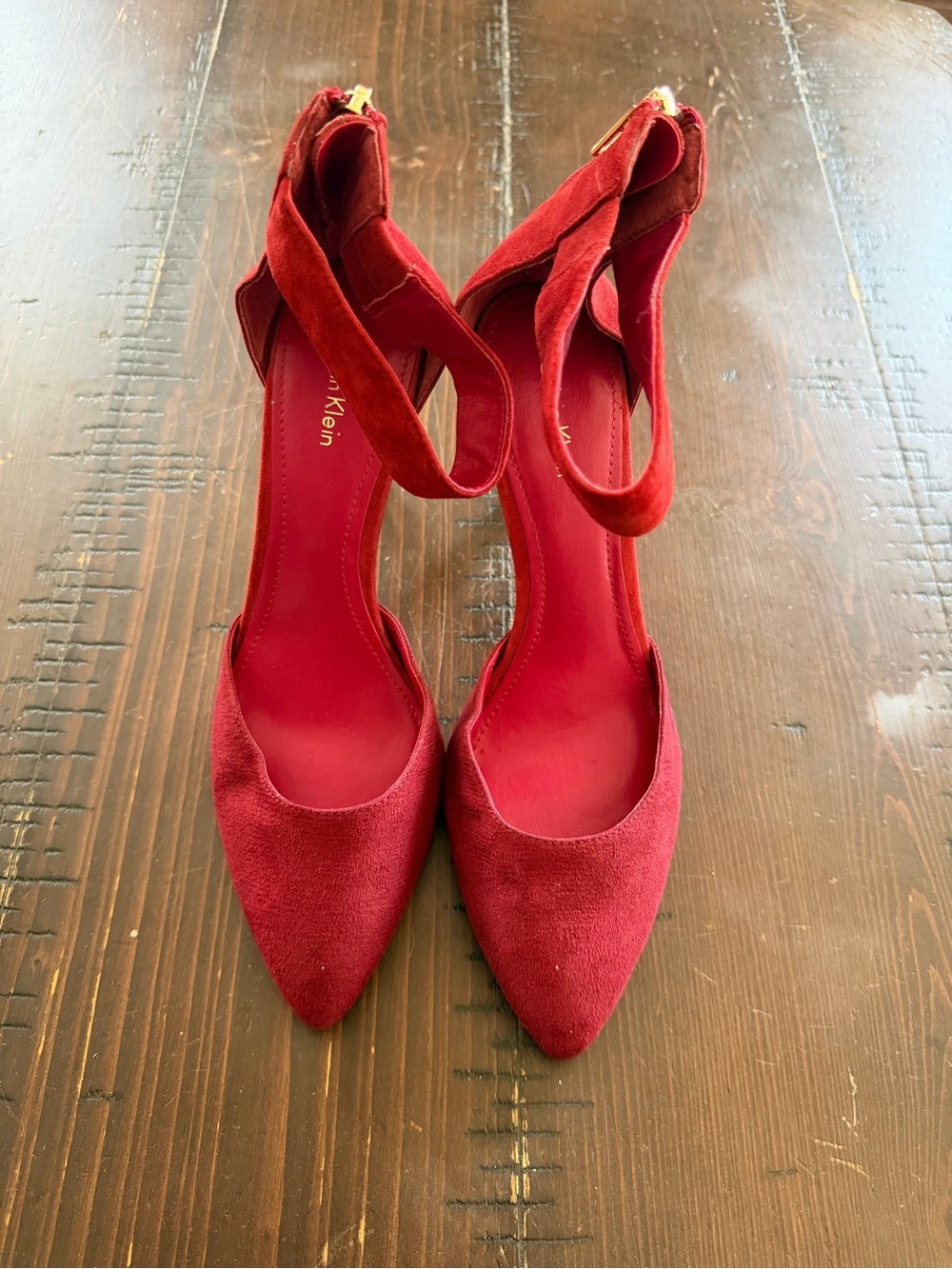 Calvin Klein Red Suede Pointed-Toe Ankle-Strap Heels